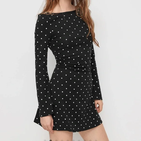 Cider COTTON-BLEND BOAT NECK POLKA DOT RUCHED BELL SLEEVE MINI DRESS Ab5-4 XL - Picture 3 of 9